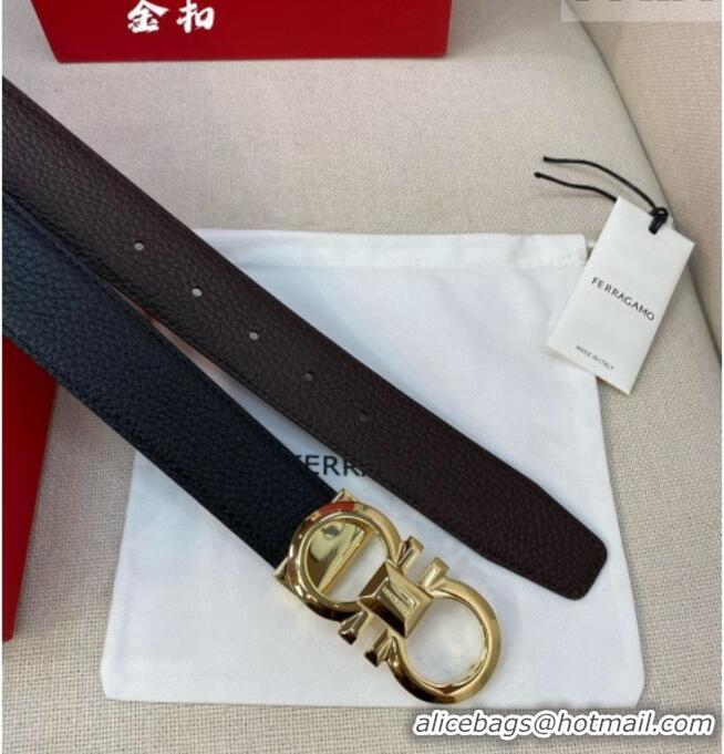 Well Crafted Ferragamo Belt 3.5cm in Reversible Litchi-Grained Leather 0615 Black/Coffee Brown/Shiny Gold