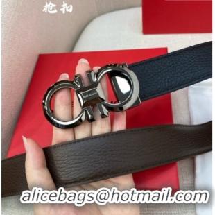 Discount Ferragamo Belt 3.5cm in Reversible Litchi-Grained Leather 0615 Black/Coffee Brown/Shiny Gunmetal