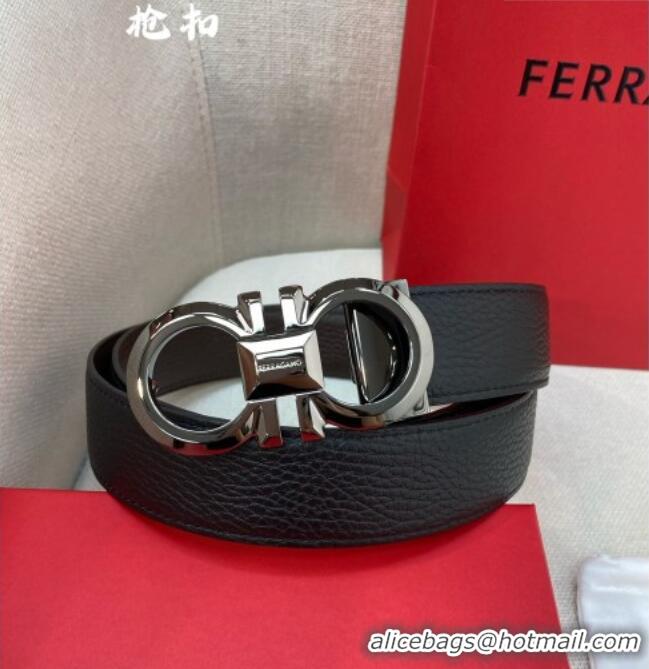 Discount Ferragamo Belt 3.5cm in Reversible Litchi-Grained Leather 0615 Black/Coffee Brown/Shiny Gunmetal