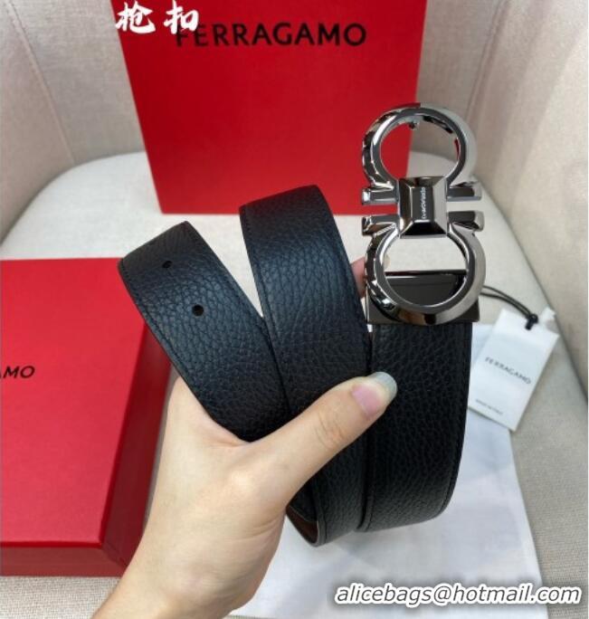 Discount Ferragamo Belt 3.5cm in Reversible Litchi-Grained Leather 0615 Black/Coffee Brown/Shiny Gunmetal