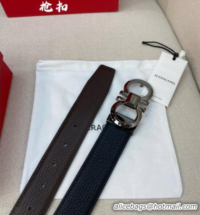Discount Ferragamo Belt 3.5cm in Reversible Litchi-Grained Leather 0615 Black/Coffee Brown/Shiny Gunmetal