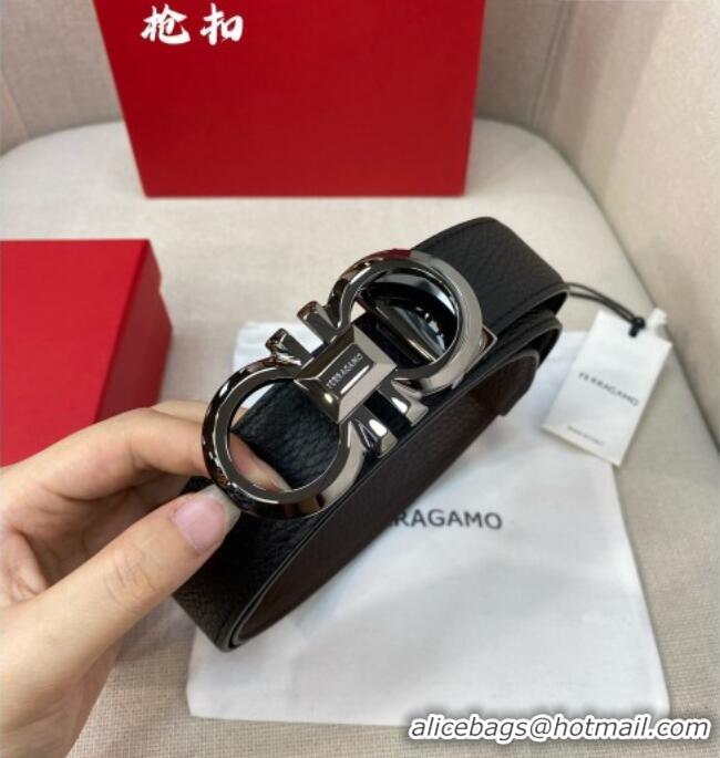Discount Ferragamo Belt 3.5cm in Reversible Litchi-Grained Leather 0615 Black/Coffee Brown/Shiny Gunmetal