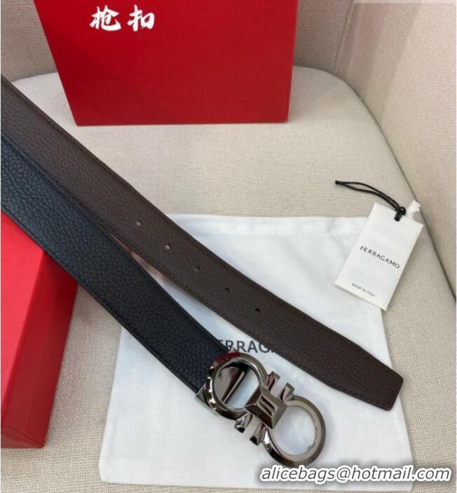 Discount Ferragamo Belt 3.5cm in Reversible Litchi-Grained Leather 0615 Black/Coffee Brown/Shiny Gunmetal