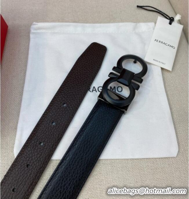 Market Sells Ferragamo Belt 3.5cm in Reversible Litchi-Grained Leather 0615 Black/Coffee Brown/Matte Black