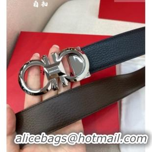 Cheap Price Ferragamo Belt 3.5cm in Reversible Litchi-Grained Leather 0615 Black/Coffee Brown/Shiny Silver