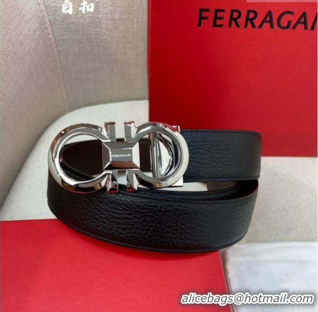 Cheap Price Ferragamo Belt 3.5cm in Reversible Litchi-Grained Leather 0615 Black/Coffee Brown/Shiny Silver