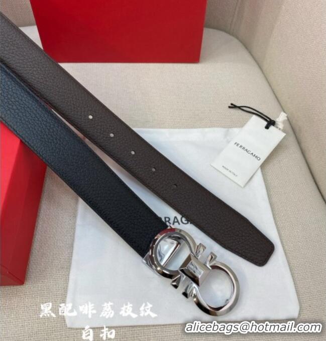 Cheap Price Ferragamo Belt 3.5cm in Reversible Litchi-Grained Leather 0615 Black/Coffee Brown/Shiny Silver