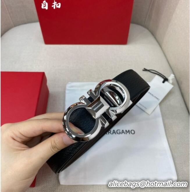 Cheap Price Ferragamo Belt 3.5cm in Reversible Litchi-Grained Leather 0615 Black/Coffee Brown/Shiny Silver
