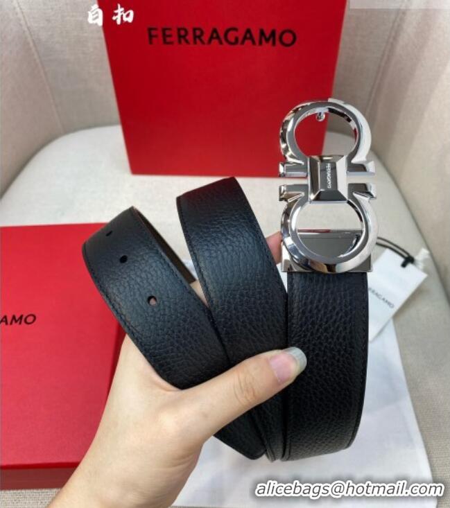 Cheap Price Ferragamo Belt 3.5cm in Reversible Litchi-Grained Leather 0615 Black/Coffee Brown/Shiny Silver