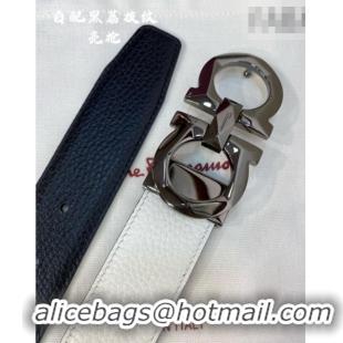 Top Quality Ferragamo Belt 3.5cm in Reversible Litchi-Grained Leather 0615 Black/White/Shiny Gunmetal