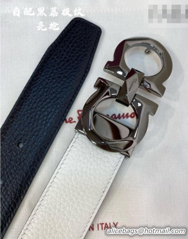 Top Quality Ferragamo Belt 3.5cm in Reversible Litchi-Grained Leather 0615 Black/White/Shiny Gunmetal