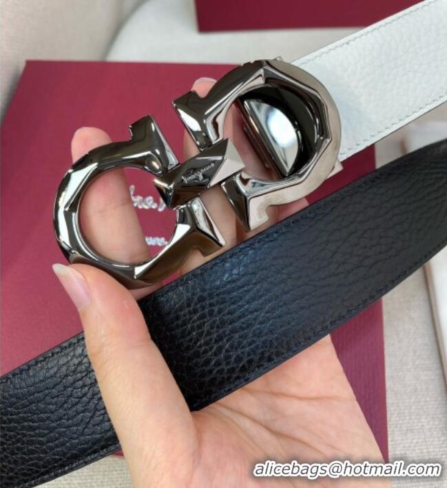 Top Quality Ferragamo Belt 3.5cm in Reversible Litchi-Grained Leather 0615 Black/White/Shiny Gunmetal
