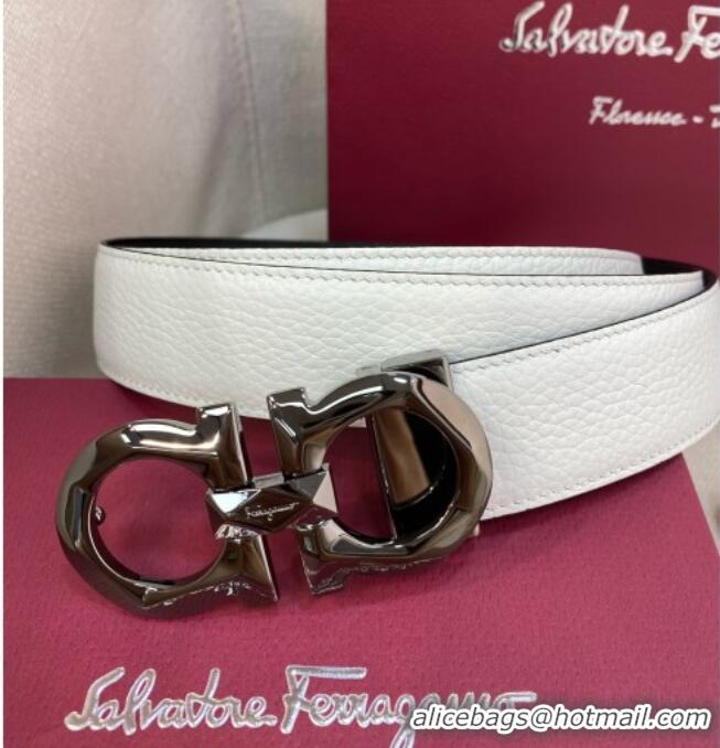 Top Quality Ferragamo Belt 3.5cm in Reversible Litchi-Grained Leather 0615 Black/White/Shiny Gunmetal