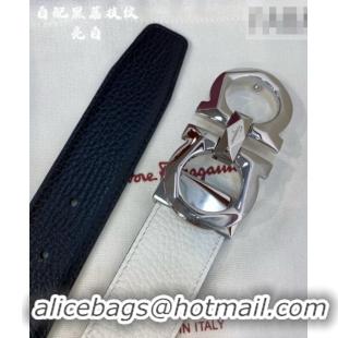 Buy Inexpensive Ferragamo Belt 3.5cm in Reversible Litchi-Grained Leather 0615 Black/White/Shiny Silver