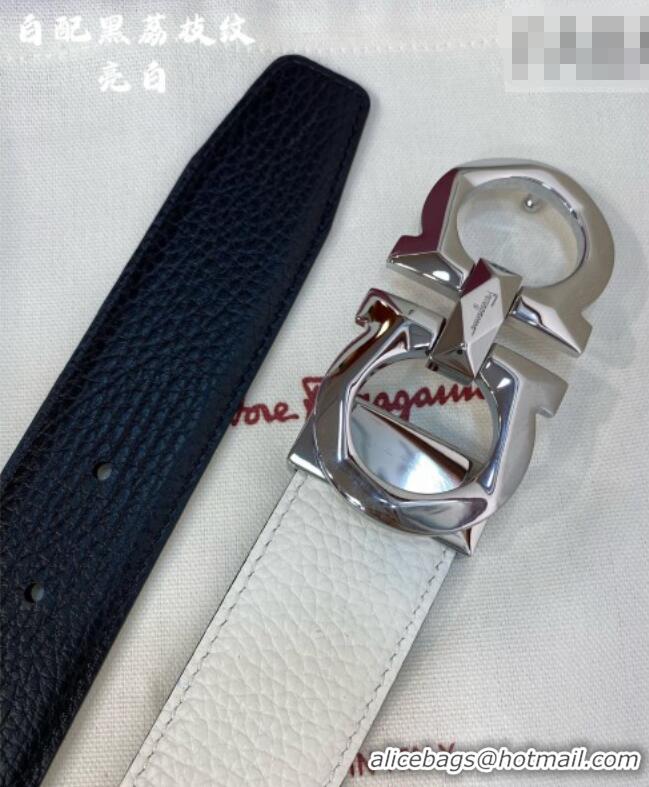 Buy Inexpensive Ferragamo Belt 3.5cm in Reversible Litchi-Grained Leather 0615 Black/White/Shiny Silver