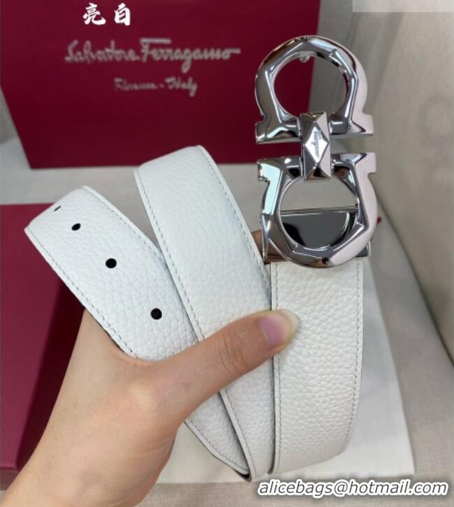 Buy Inexpensive Ferragamo Belt 3.5cm in Reversible Litchi-Grained Leather 0615 Black/White/Shiny Silver
