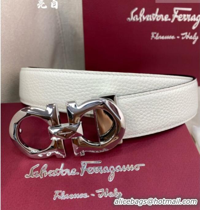 Buy Inexpensive Ferragamo Belt 3.5cm in Reversible Litchi-Grained Leather 0615 Black/White/Shiny Silver