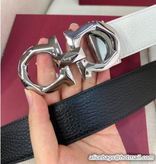 Buy Inexpensive Ferragamo Belt 3.5cm in Reversible Litchi-Grained Leather 0615 Black/White/Shiny Silver