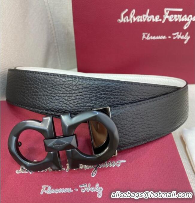 Market Sells Ferragamo Belt 3.5cm in Reversible Litchi-Grained Leather 0615 Black/White/Matte Black