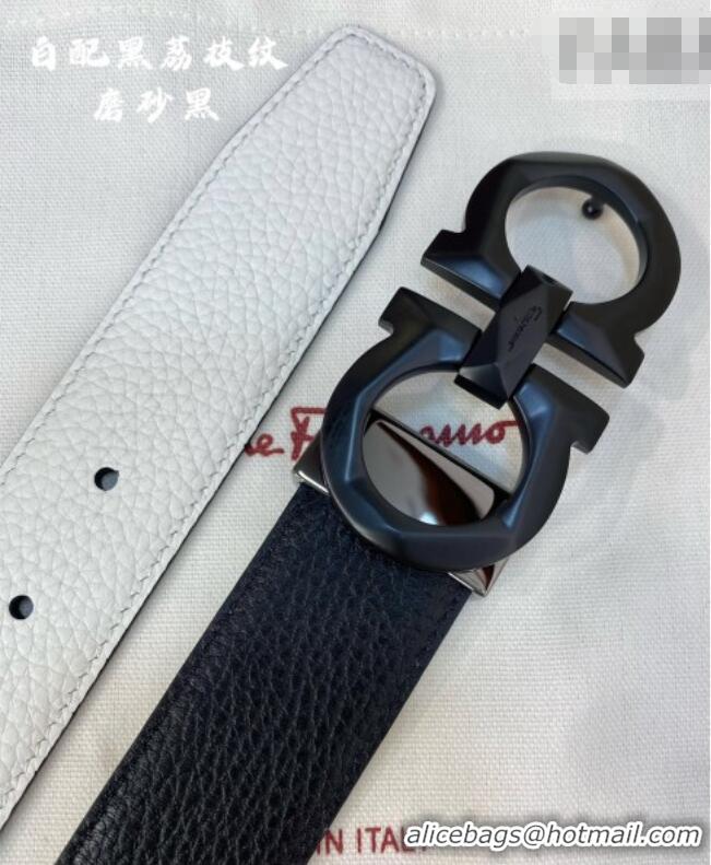 Market Sells Ferragamo Belt 3.5cm in Reversible Litchi-Grained Leather 0615 Black/White/Matte Black