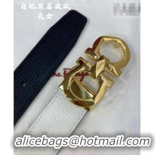 New Fashion Ferragamo Belt 3.5cm in Reversible Litchi-Grained Leather 0615 Black/White/Shiny Gold