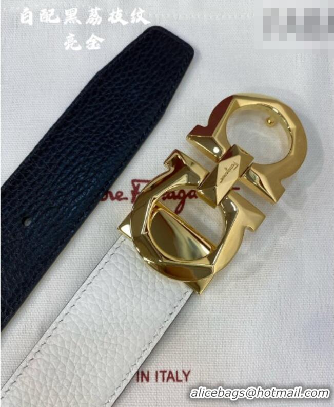 New Fashion Ferragamo Belt 3.5cm in Reversible Litchi-Grained Leather 0615 Black/White/Shiny Gold