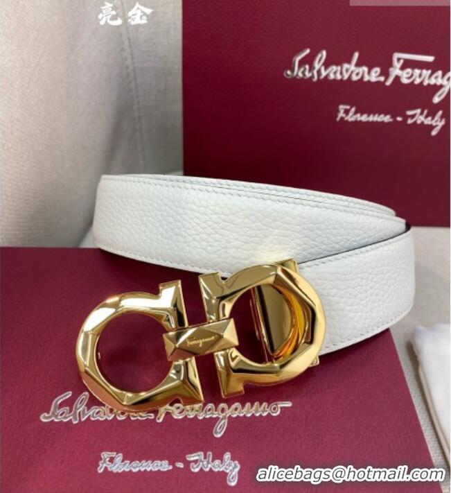 New Fashion Ferragamo Belt 3.5cm in Reversible Litchi-Grained Leather 0615 Black/White/Shiny Gold