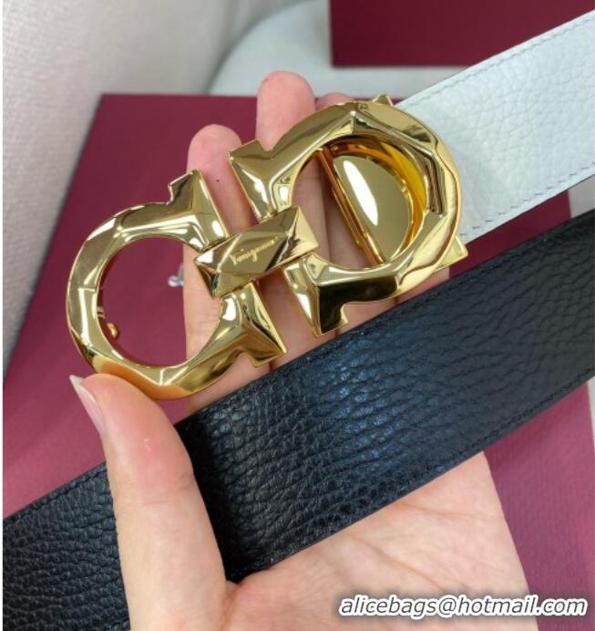 New Fashion Ferragamo Belt 3.5cm in Reversible Litchi-Grained Leather 0615 Black/White/Shiny Gold