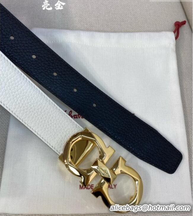 New Fashion Ferragamo Belt 3.5cm in Reversible Litchi-Grained Leather 0615 Black/White/Shiny Gold