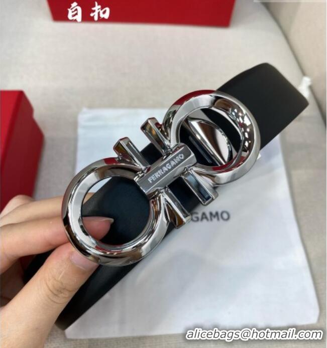 New Fashion Ferragamo Belt 3.5cm in Reversible Soft Smooth Leather 0615 Black/Shiny Silver
