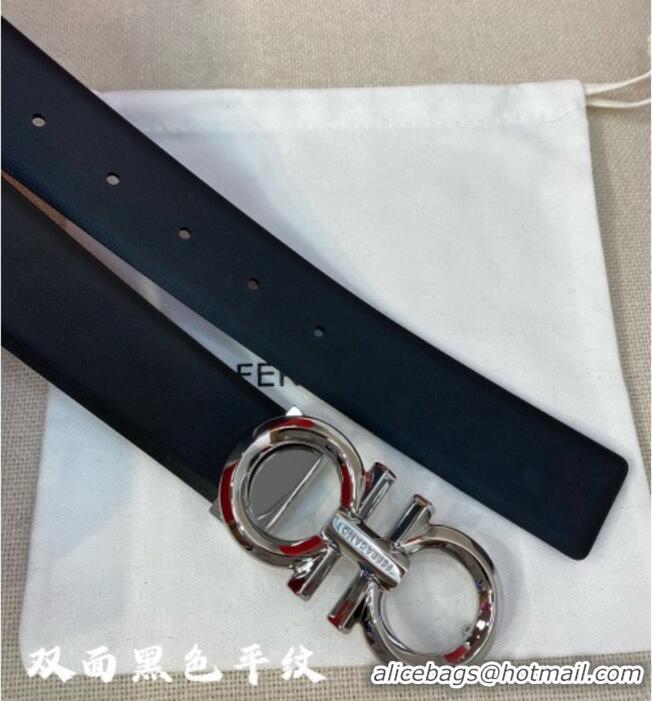 New Fashion Ferragamo Belt 3.5cm in Reversible Soft Smooth Leather 0615 Black/Shiny Silver