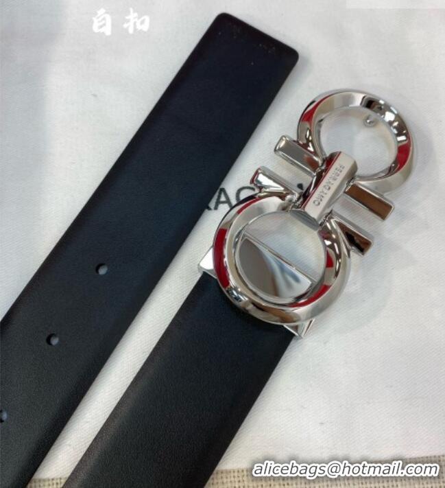 New Fashion Ferragamo Belt 3.5cm in Reversible Soft Smooth Leather 0615 Black/Shiny Silver