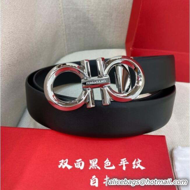 New Fashion Ferragamo Belt 3.5cm in Reversible Soft Smooth Leather 0615 Black/Shiny Silver