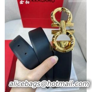 Popular Style Ferragamo Belt 3.5cm in Reversible Soft Smooth Leather 0615 Black/Shiny Gold