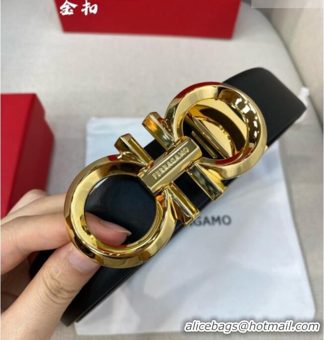 Popular Style Ferragamo Belt 3.5cm in Reversible Soft Smooth Leather 0615 Black/Shiny Gold