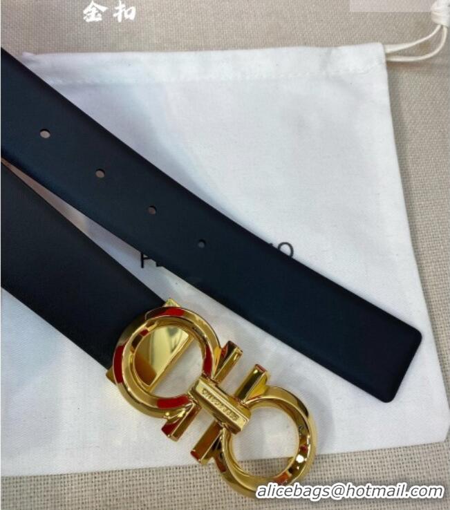 Popular Style Ferragamo Belt 3.5cm in Reversible Soft Smooth Leather 0615 Black/Shiny Gold