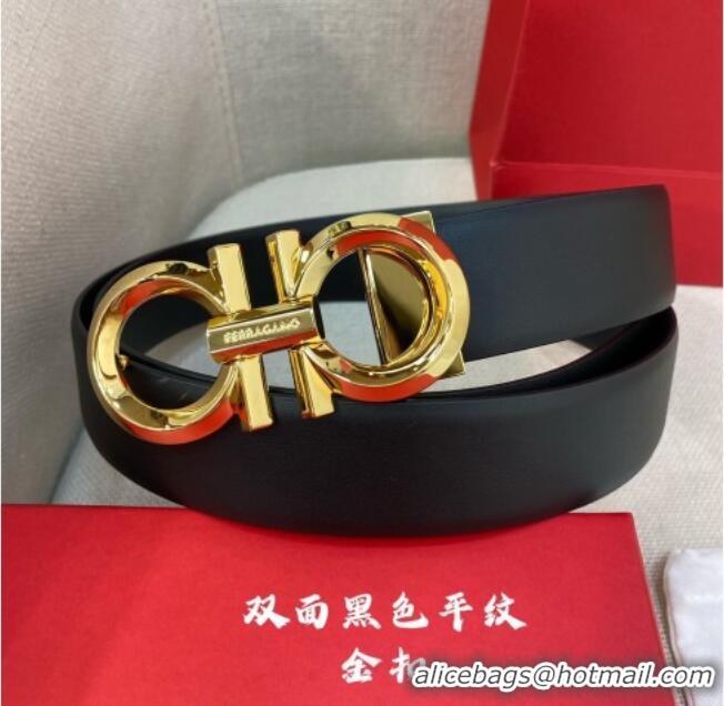 Popular Style Ferragamo Belt 3.5cm in Reversible Soft Smooth Leather 0615 Black/Shiny Gold