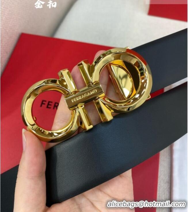 Popular Style Ferragamo Belt 3.5cm in Reversible Soft Smooth Leather 0615 Black/Shiny Gold