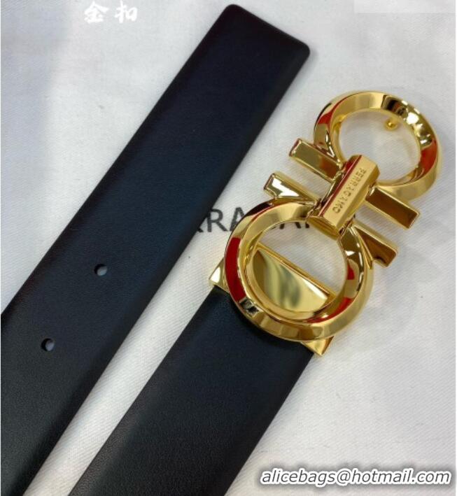 Popular Style Ferragamo Belt 3.5cm in Reversible Soft Smooth Leather 0615 Black/Shiny Gold