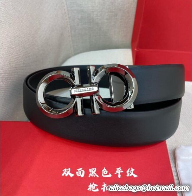 Promotional Ferragamo Belt 3.5cm in Reversible Soft Smooth Leather 0615 Black/Shiny Gunmetal