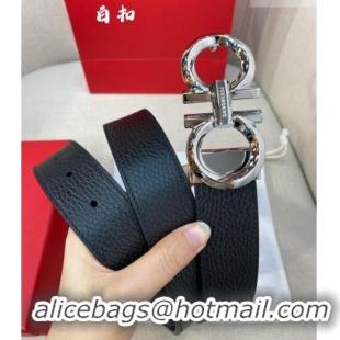 Best Product Ferragamo Belt 3.5cm in Reversible Litchi-Grained and Smooth Leather 0615 Black/Shiny Silver