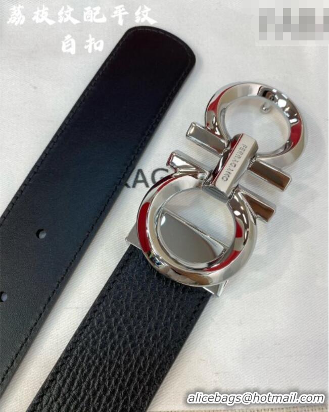 Best Product Ferragamo Belt 3.5cm in Reversible Litchi-Grained and Smooth Leather 0615 Black/Shiny Silver
