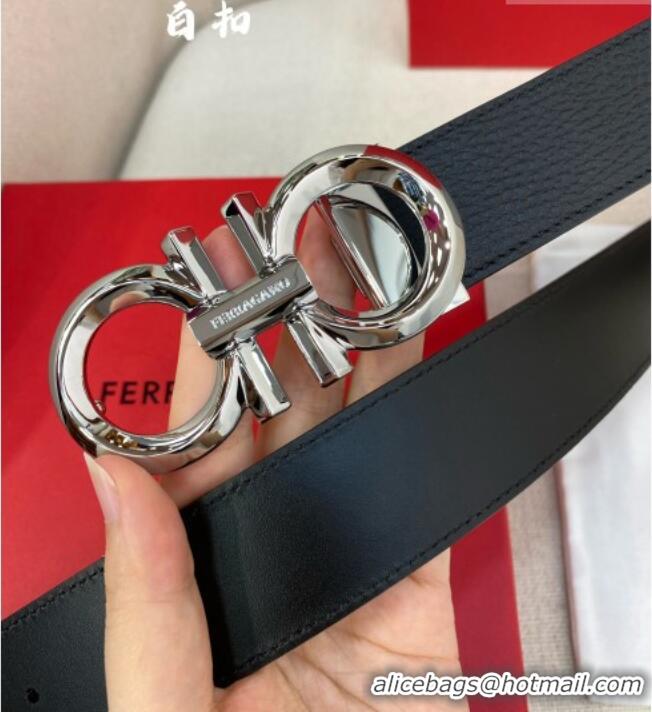 Best Product Ferragamo Belt 3.5cm in Reversible Litchi-Grained and Smooth Leather 0615 Black/Shiny Silver
