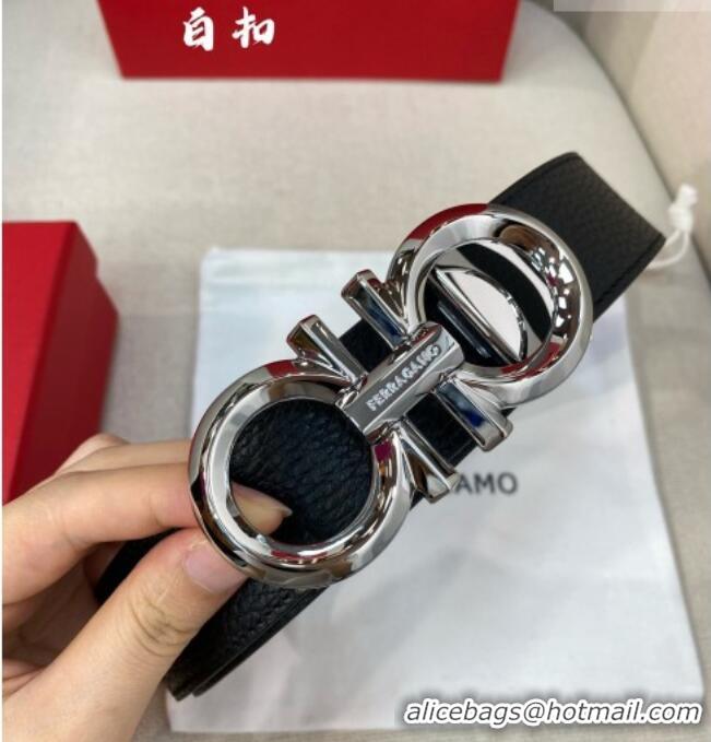 Best Product Ferragamo Belt 3.5cm in Reversible Litchi-Grained and Smooth Leather 0615 Black/Shiny Silver
