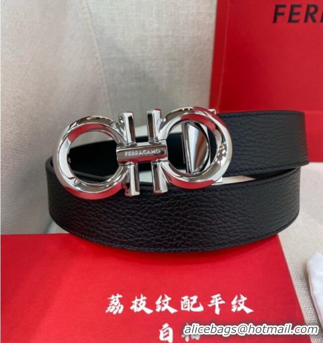 Best Product Ferragamo Belt 3.5cm in Reversible Litchi-Grained and Smooth Leather 0615 Black/Shiny Silver