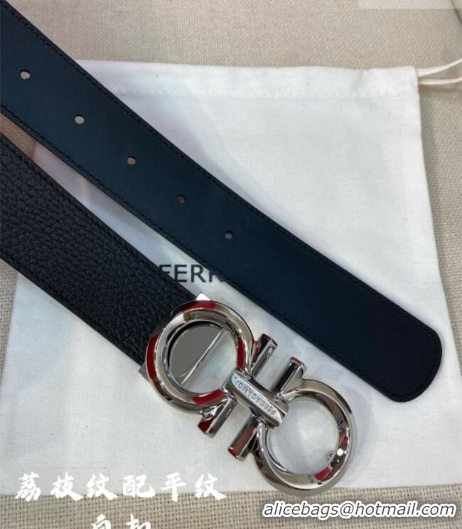Best Product Ferragamo Belt 3.5cm in Reversible Litchi-Grained and Smooth Leather 0615 Black/Shiny Silver