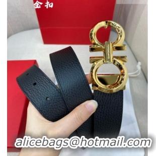 Market Sells Ferragamo Belt 3.5cm in Reversible Litchi-Grained and Smooth Leather 0615 Black/Shiny Gold