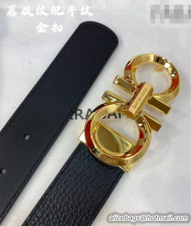 Market Sells Ferragamo Belt 3.5cm in Reversible Litchi-Grained and Smooth Leather 0615 Black/Shiny Gold