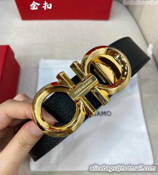 Market Sells Ferragamo Belt 3.5cm in Reversible Litchi-Grained and Smooth Leather 0615 Black/Shiny Gold