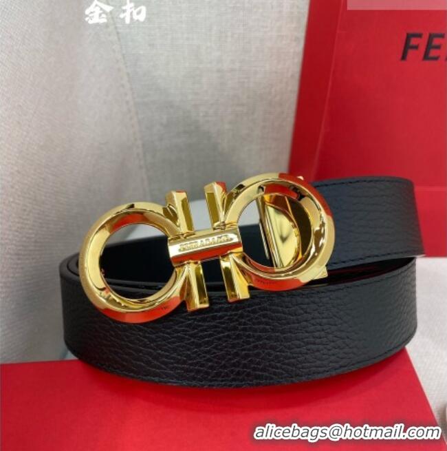 Market Sells Ferragamo Belt 3.5cm in Reversible Litchi-Grained and Smooth Leather 0615 Black/Shiny Gold